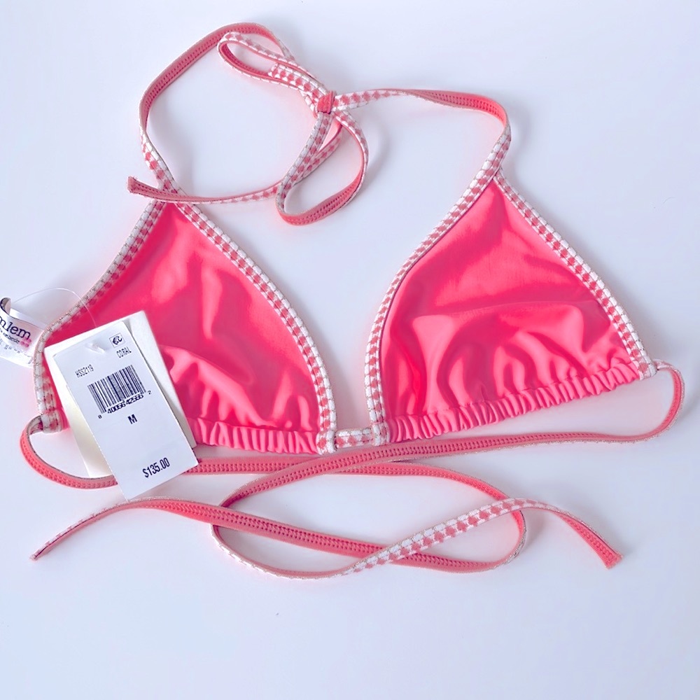 NWT M lemlem CORAL PINK LENA triangle string tie bikini top gold diamond trim